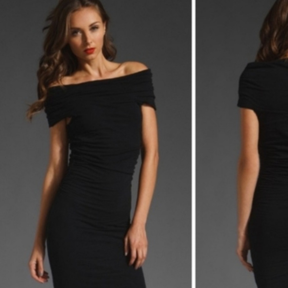 James Perse Black Off-Shoulder Ruched Bodycon Dress